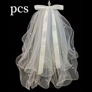 Women’s White Short Double Layer Pearl Veil